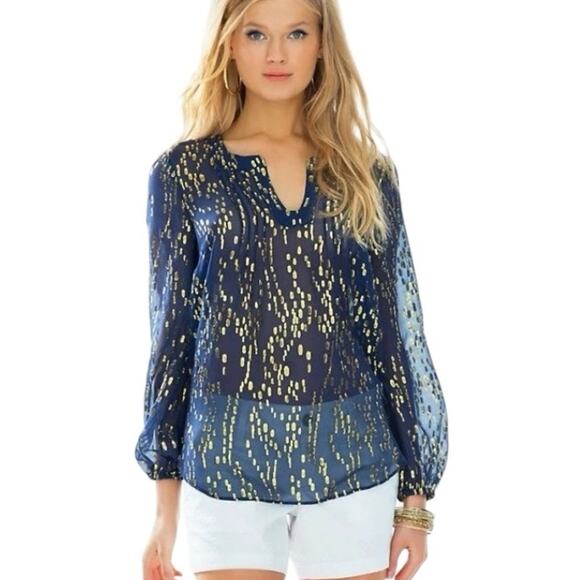Lilly Pulitzer Silk Colby Navy Bubble Gold Dot blouse size large - Picture 1 of 8